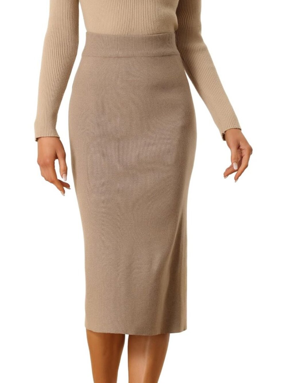 High Waist Ribbed Knit Stretchy Pencil Midi Skirt with Back Slit for Women